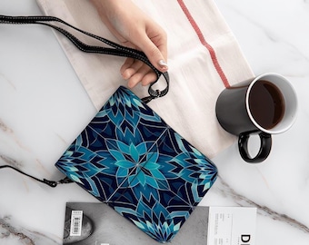 Leather Cell Phone Purse With Shoulder or Crossbody Removable Strap, Pattern Design, Vibrant Geometric Star Pattern in Dark Blue Background