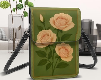 Floral Cell Phone Purse, Vintage Pink Roses, Crossbody Bag, Adjustable Strap