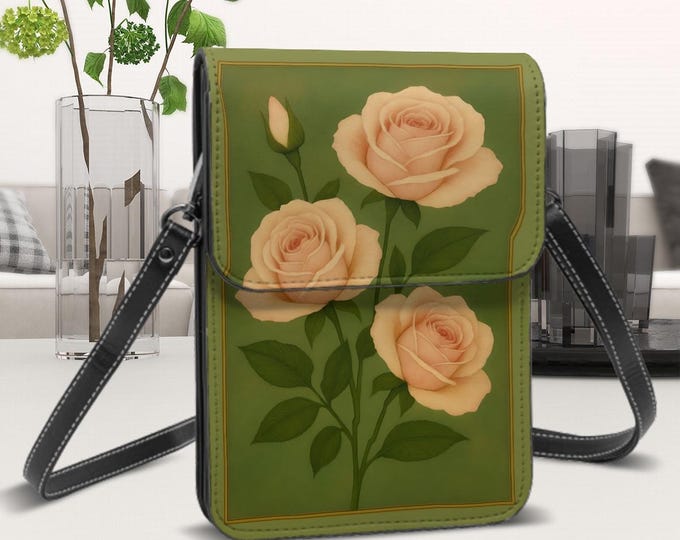 Leather Cell Phone Purse With Shoulder Strap, Flower, Pink Roses, Vintage Design Look, Adjustable for Crossbody Wear, Removable Strap,