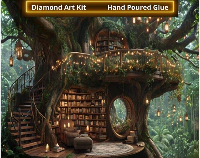 TreeHouse Library, Dream Life, Expansive MultiLevel Treehouse, Magical Lantern and Candles, Diamond Art Kits, Horizontal or Vertical, PBN