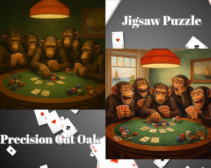 Monkeys Playing Poker Wooden Jigsaw Puzzle – Vintage Game Room Art, Precision Cut Wood