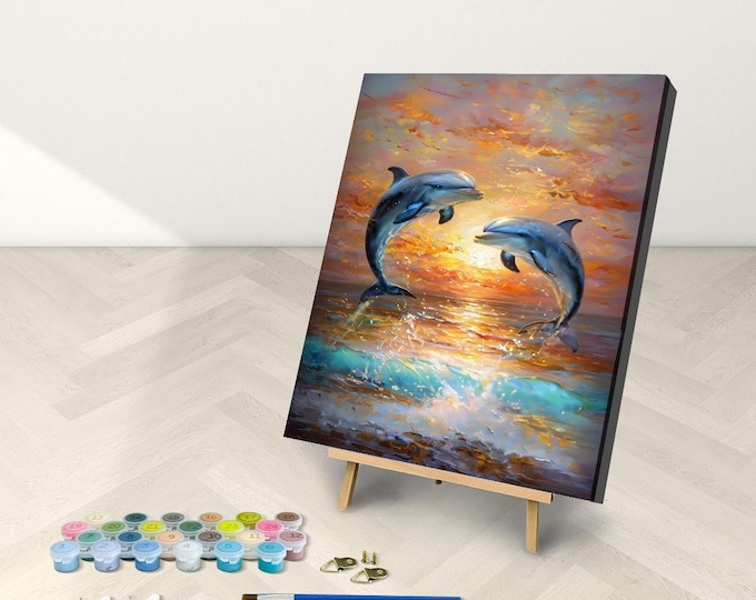 Dolphin Sunset, Framed or Frameless, Dolphins Paint by Numbers Kit: Sunset Ocean Design