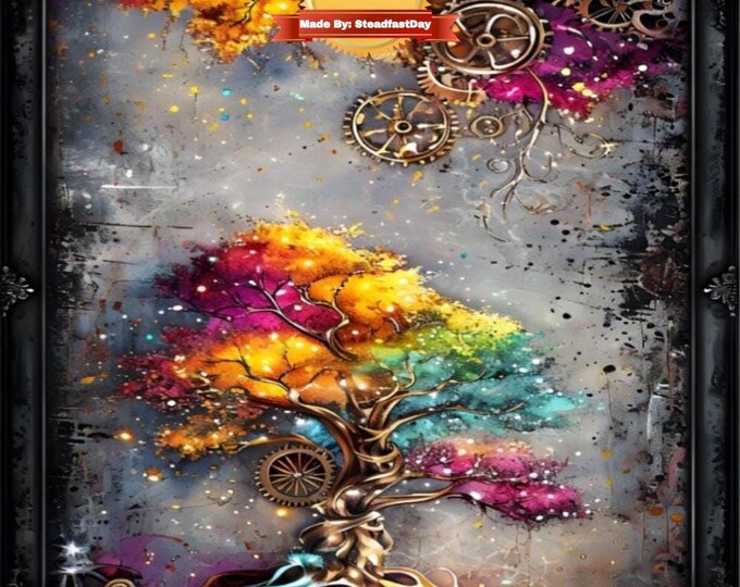 Framed Canvas, Paint by Numbers Kit with Stand Vibrant Steampunk Background With Colorful Trees And Gears, Color by Number, Art, Customize