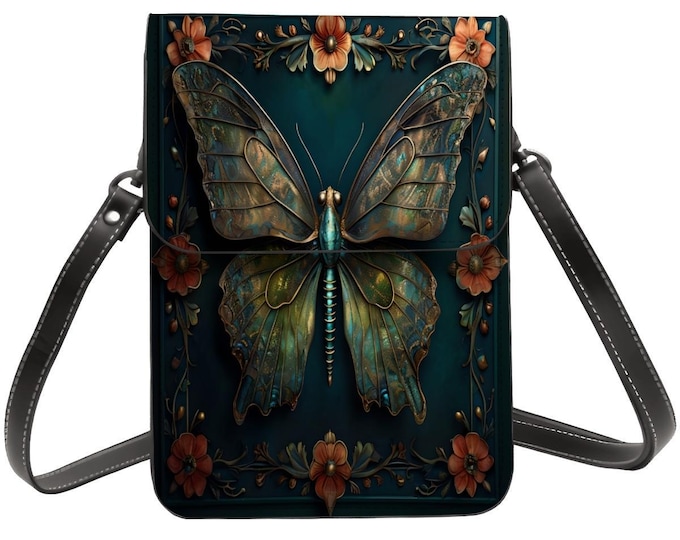 Floral Butterfly Leather Phone Purse: Steampunk Crossbody Bag
