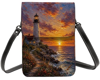 Lighthouse Phone Purse Crossbody Bag, Coastal Cell Phone Wallet for Women, Lighthouse Handbag, Beach Lover Gift, Ocean Sunset Purse