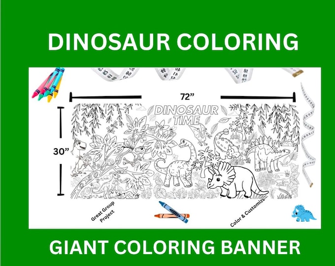 Dinosaur, Coloring Banner, XXL, 72 inches x 30 inches, Sleepover, Birthday Party Ideas, Coloring Fun, Gift, Poster, FREE SHIPPING !