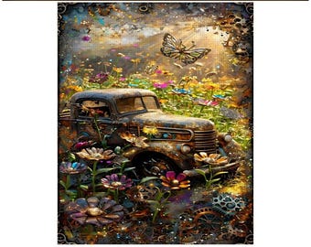 Diamond Painting, Old Truck, Wildflowers, Steampunk, Diamond Paintings, DIY, 16”x20”, Diamond Art, Steam punk, Old Ford, Painting Kit,