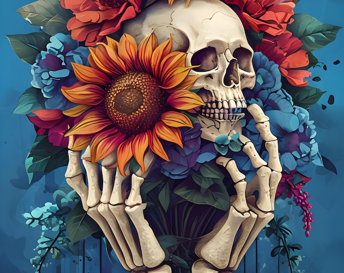Diamond Painting, Bones and Skull with Flowers, DIY Diamond Painting with Frame - yes Framed Canvas! Large 20"x28”  or 16”x20”, Diamond Art