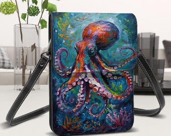 Leather Cell Phone Purse With Shoulder Strap, Octopus Original Artwork Chunky Oil Painting Design, Adjustable Strap