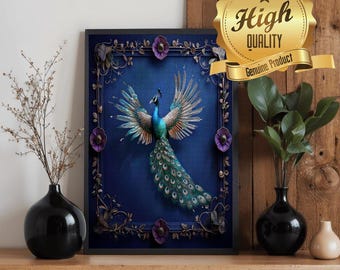 Mystical Peacock Wooden Puzzle 300 500 1000 Pieces | Fantasy Peacock Art Jigsaw Puzzle | Blue Jewel Tone Nature Puzzle Gift