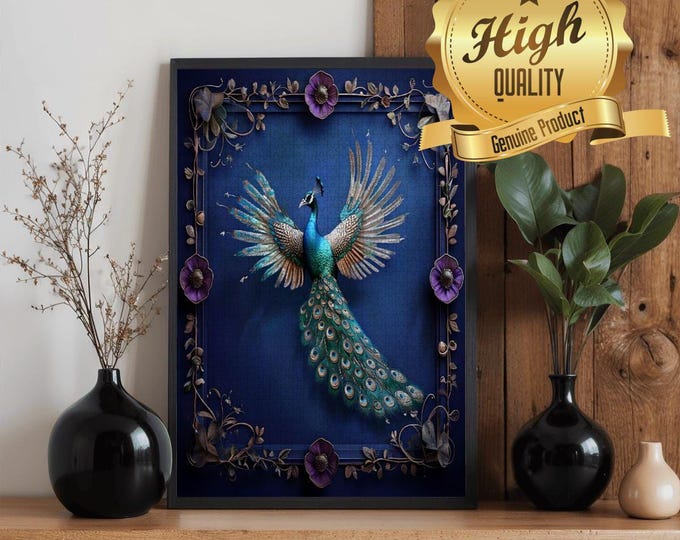 Mystical Peacock Wooden Puzzle 300 500 1000 Pieces | Fantasy Peacock Art Jigsaw Puzzle | Blue Jewel Tone Nature Puzzle Gift