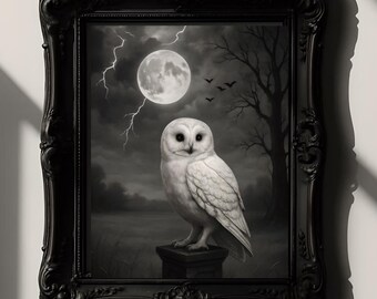 Fine Art Posters, White Owl in Full Moon Light, Nature Wall Art, Wildlife Decor, Animal Poster, Moonlit Owl Print, Dark Academia