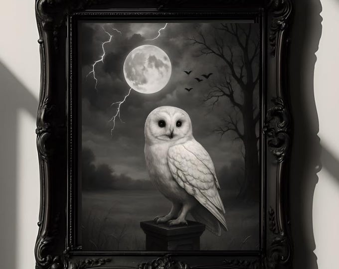 Fine Art Posters, White Owl in Full Moon Light, Nature Wall Art, Wildlife Decor, Animal Poster, Moonlit Owl Print, Dark Academia
