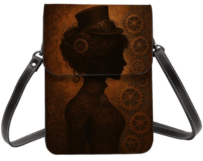 Steampunk Lady Cell Phone Purse, Gothic Crossbody Phone Bag for Women, Small PU Leather Shoulder Bag, Vintage Gear Art Phone Wallet, Gift