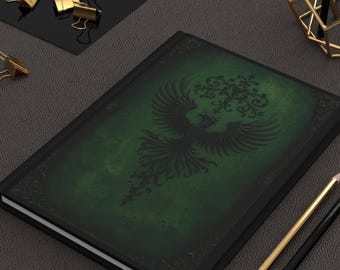 Phoenix Illustration Hardcover Journal | Gothic Ornate Color Options, Red, Purple or Green Cover