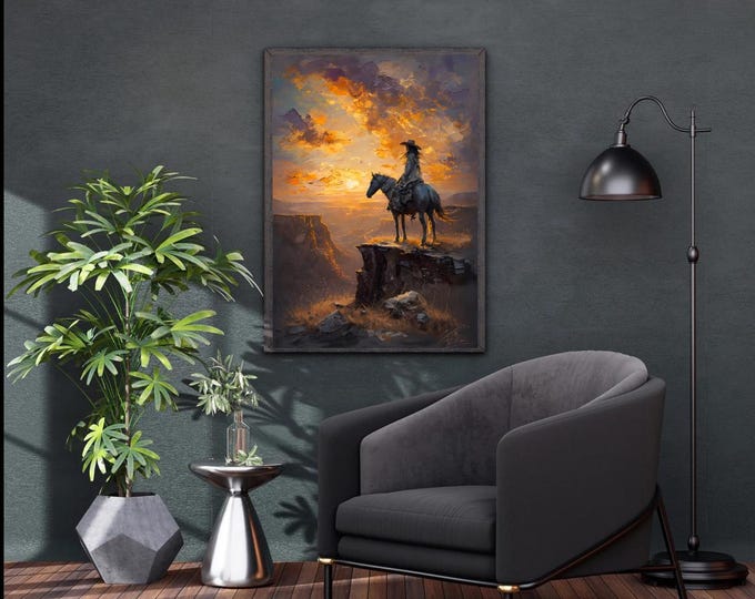 Western Sunset Fine Art Posters, Cowgirl And Stallion Print, Majestic Horse Wall Art, Solitary Cowgirl Decor, Sunset Landscape