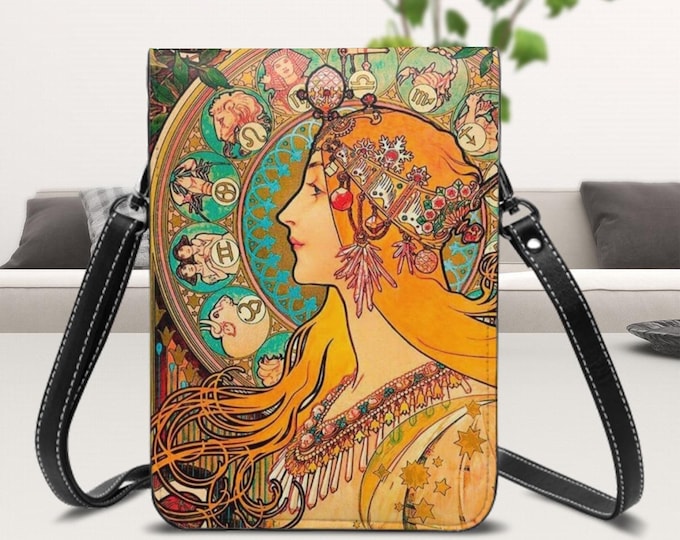 Vintage Art, Leather Cell Phone Purse, Mucha Art,  Zodiac 1896 - by Alphonse Mucha, Hippie Girl, Free Spirit, Adjustable Removable Strap