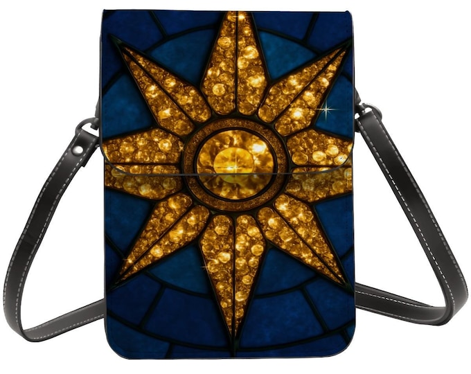 Stained Glass Sunburst Cell Phone Purse – Blue & Gold Crossbody Phone Bag, Adjustable Shoulder Strap, PU Leather Mini Purse for Women