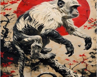 Red Sun Monkey Diamond Painting Kit • Asian Vintage Look