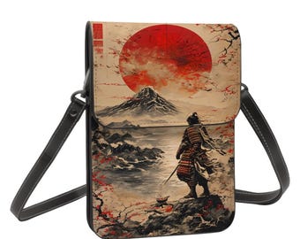 Samurai Mountain Sunset Phone Purse, PU Leather Crossbody Bag