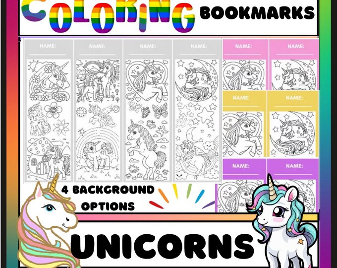 Colorful Unicorn Coloring Bookmarks - Set of 4 Designs - Digital Download for Book Lovers - Coloring Craft Activity - Pink, Purple, Yellow,