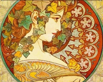DIY, Ivy Composition - by Alphonse Mucha, Diamond Painting, Diamond Antique Vintage Art Full Kit, 16”x20”