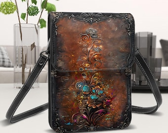 Mechanical Flowers, Leather Cell Phone Purse With Shoulder Strap, Steampunk Design, Card Slots, Adjustable Strap for Crossbody Wear