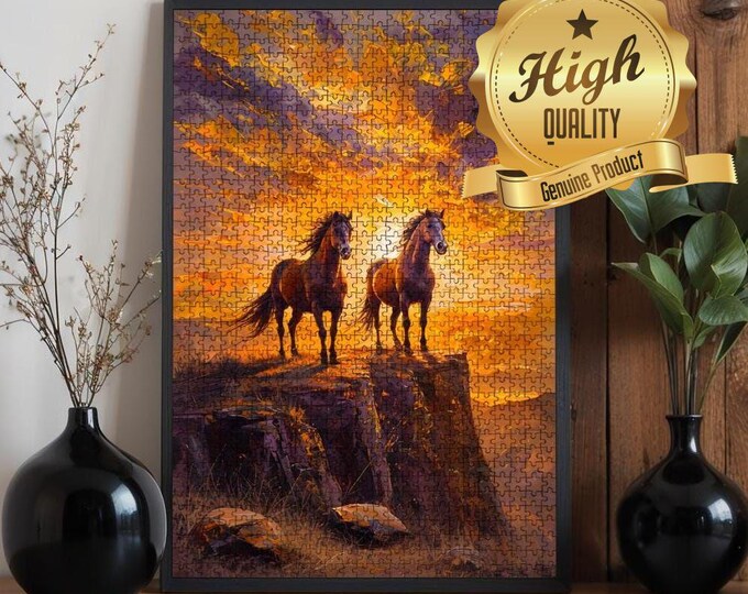 Stallions, Horses on a Cliff at Sunset, Wooden Jigsaw Puzzle, Precision Cut High Quality, Horse Inspired Puzzle, 500 or 1000 pieces, Family