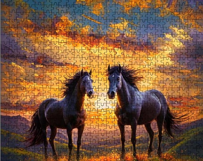 Stallion Horses Sunset Puzzle: Oak Wood Jigsaw, 500 or 1000 Pieces