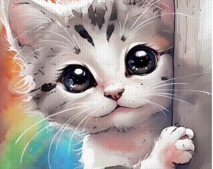 Colorful Diamond Painting Kit with Cute Gray Kitten and Rainbow Background - DIY Craft for Home Decor and Art Enthusiasts
