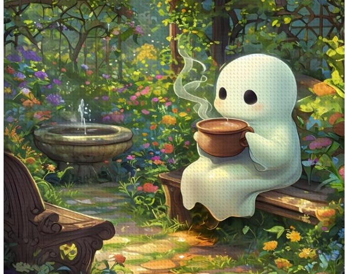Garden Ghost Drinking Coffee, Diamond Painting, DIY Art, Full Kit, 16x20 Art, Free Shipping, Craft Kit, Creative Gift, Diamond Art