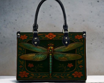 Dragonfly Handbag, Waterproof PU, Floral Purse, UV Printed Bag, Women's Tote, Elegant Gloss Texture, Stylish Organizer, 3 Sizes, 6 Options