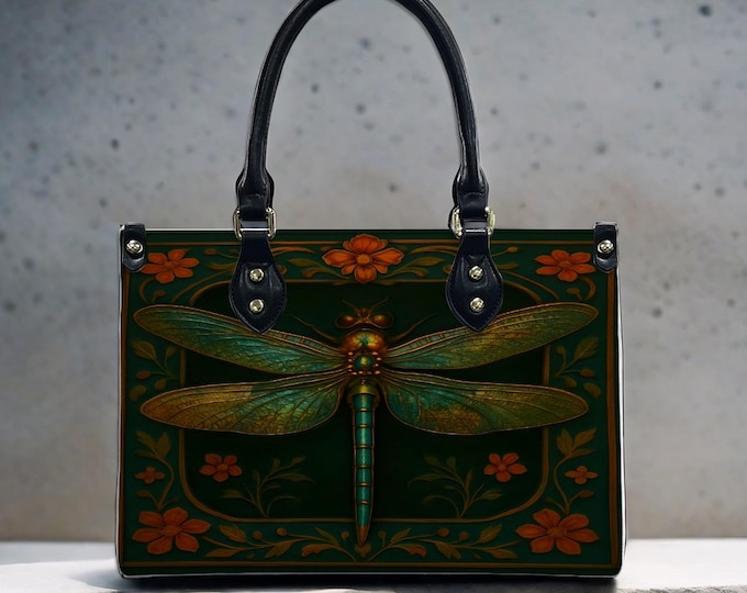 Dragonfly Handbag, Waterproof PU, Floral Purse, UV Printed Bag, Women's Tote, Elegant Gloss Texture, Stylish Organizer, 3 Sizes, 6 Options