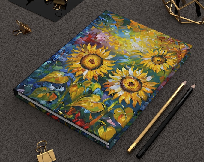 Sunflower Hardcover Journal, Chunky Oil Painting Design, Diary Notebook Planner, Writing Sketchbook, Artistic Gift, Journal, Gift, Book Bind