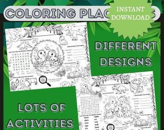 Fun Dinosaur Coloring Placemat Activity Page Bundle, Digital Download, Kids Printable - Word Search, Scramble, Educational Activities