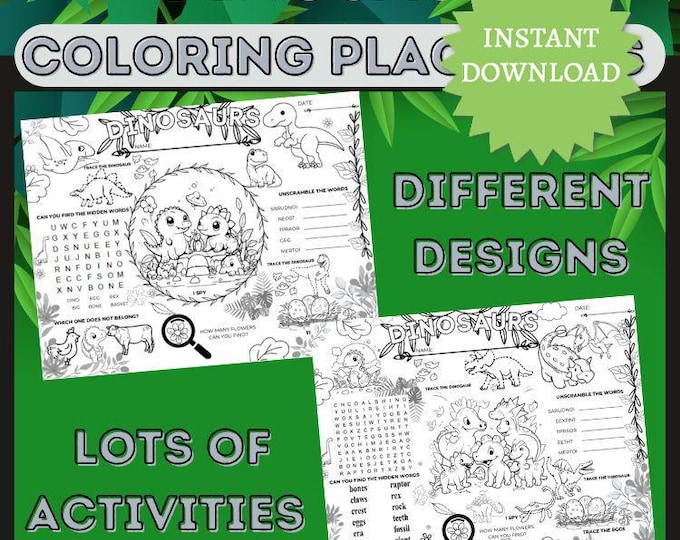 Fun Dinosaur Coloring Placemat Activity Page Bundle, Digital Download, Kids Printable - Word Search, Scramble, Educational Activities