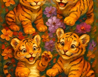 Tiger Cubs Diamond Painting, DIY Diamond Art, 16"x20" Canvas Kit, Tiger Cubs with Flowers, Craft Time, Relaxing Art, Full Kit, Happy Tigers