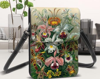 Floral Leather Cell Phone Purse: Vintage Orchidae Art, Adjustable Strap