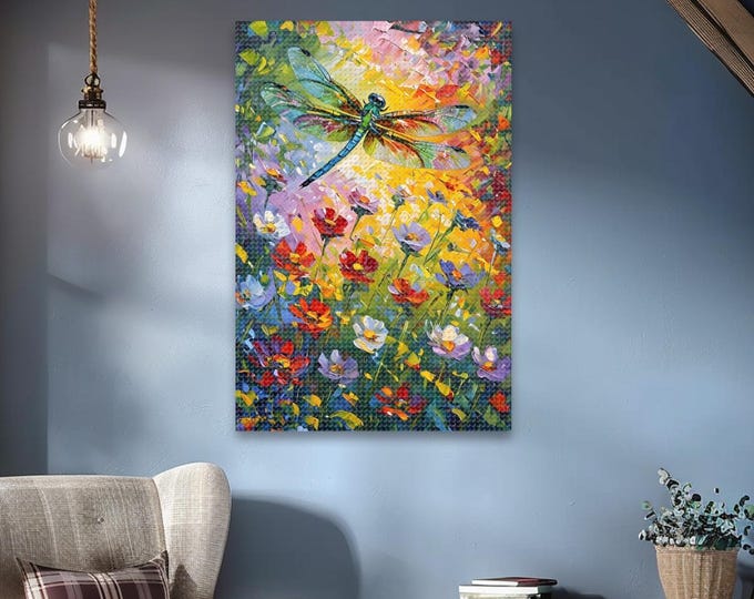 Dragonfly Wildflowers Diamond Painting, Framed or Frameless, DIY, Diamond Art Kit