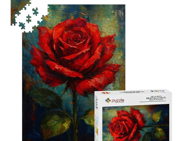 Red Rose Wooden Jigsaw Puzzle – Floral Oak Art, 500/1000 Piece