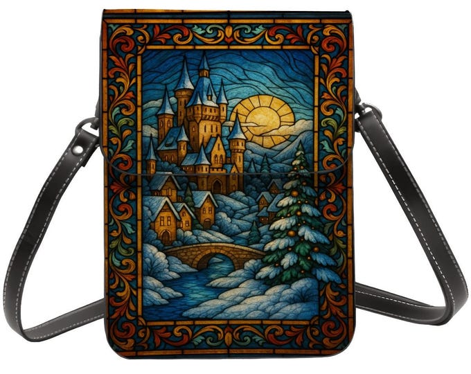 Stained Glass Winter Castle, Cell Phone Purse, Fantasy Art Crossbody Bag, Fairytale Wallet