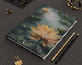 Asian Lotus Oil Painting Hardcover Journal, Asian Inspired Notebook, Lotus in Pond Peaceful Beauty, Meditation Journal, Gift for Artists,