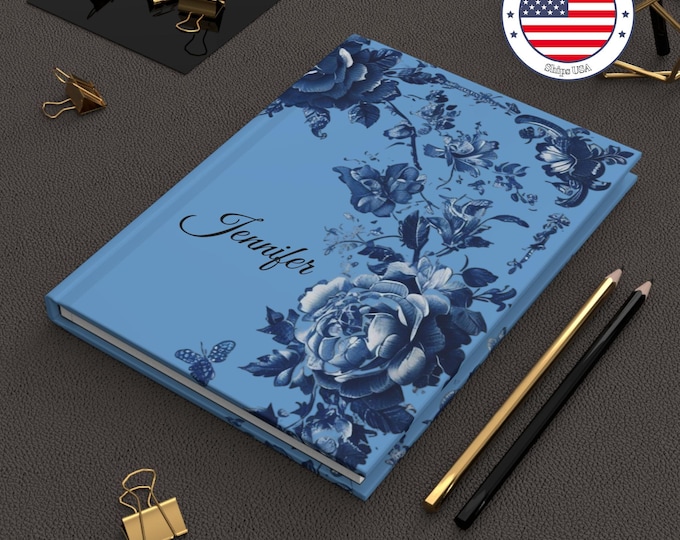 Blue Floral Hardcover Journal: Personalized Matte Notebook