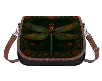 Dragonfly with flowers, Satchel, Leather Shoulder or Crossbody Bag, Adjustable Removable Strap, Flap Open, Large Capacity Purse