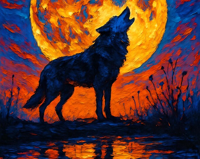 Wolf Howling at the Full Moon, DIY Diamond Painting, Reflective Picture, Nature Art, Diamond Art Craft Kit, 16x20 inches, Free Shipping!