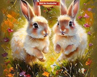 Playful Bunnies in Flower Meadow Paint by Number Kit for Adults - Framed with Stand and Painting Supplies, Canvas Print, Perfect Gift
