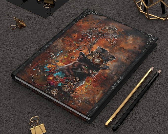 Black Cat with Top Hat, Journal, Steampunk, Vibrant Flowers, Diary Notebook, Writing Sketch, Bullet Journaling, Stationery Gift, Hardcover