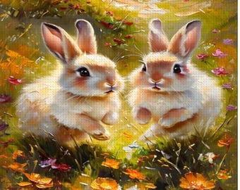 Bunnies in Flower Field Diamond Art Kit - DIY Nature Art Painting with Acrylic Diamonds, Cute Bunny Design, Complete Tool Kit Included