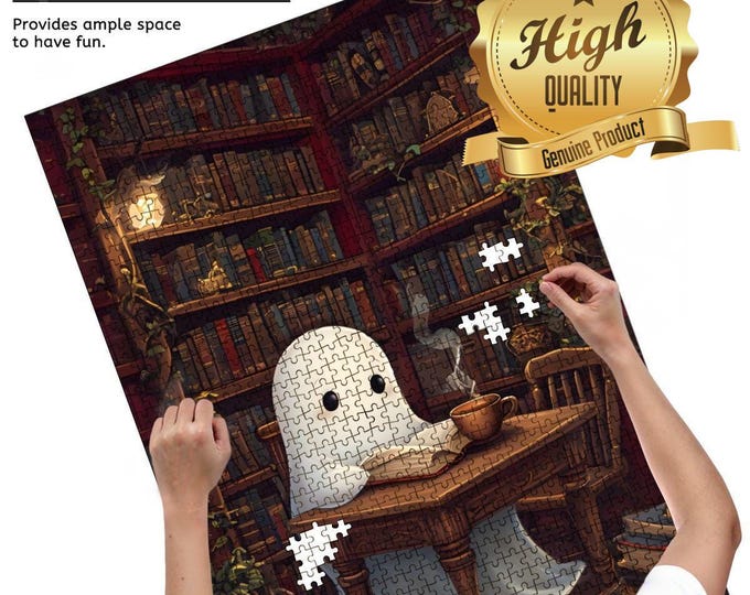 Ghost Reading in the Library, Wooden Jigsaw Puzzle, Precision Cut High Quality, Ghostly Inspired Puzzle, 500 or 1000 pieces, Family Time
