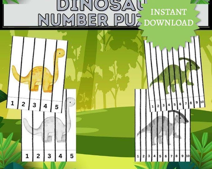 Dinosaur Number Sequencing Math Craft Printable Center - 40 Pages Preschool Activity Kit - Digital Download with Coloring Option